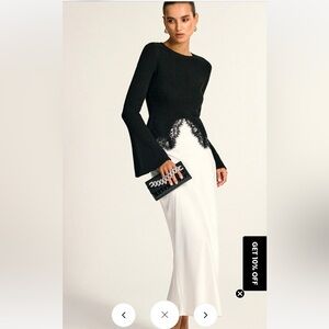 Commense Black Knit with Lace Accents Lace Hem Bell Sleeve Wool Blend Knit Top